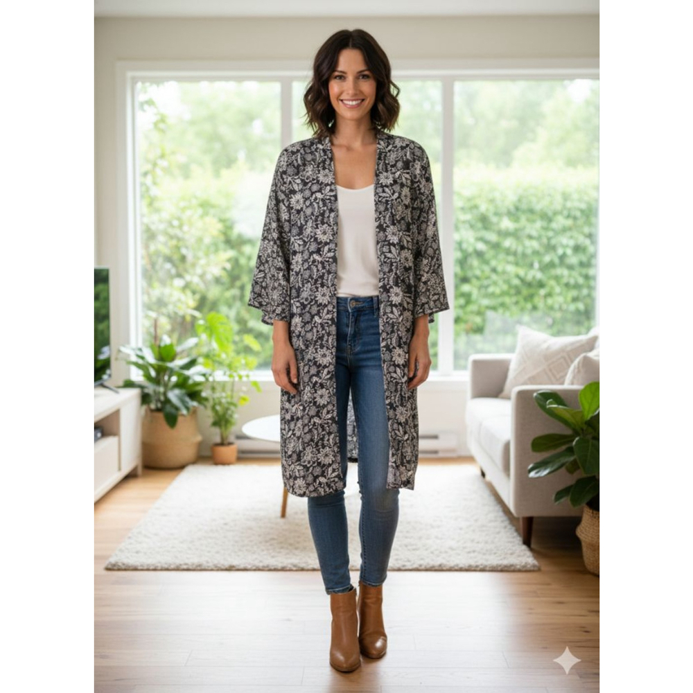 Agnes & Dora Black Ivory Scroll Everyday Kimono XSS cottage core